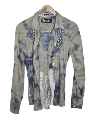 Roar Western Style Lacey Gray Blue Tie-dyed Buttoned Down Shirt